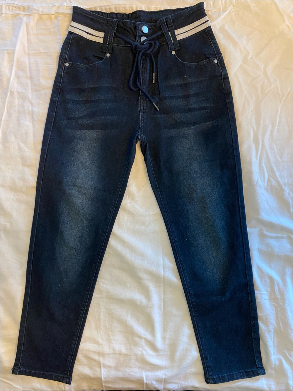 Women Dark Blue Slim Jogger Jeans with Drawstring Waist